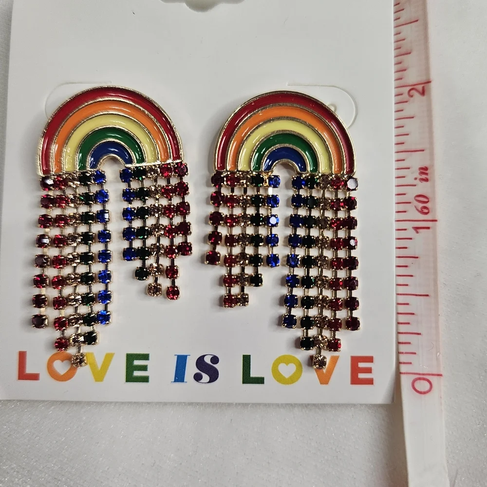 Love Is Love Rainbow Rhinestone Pierced Earrings NWT LBGTQ Pride Fashion Jewelry